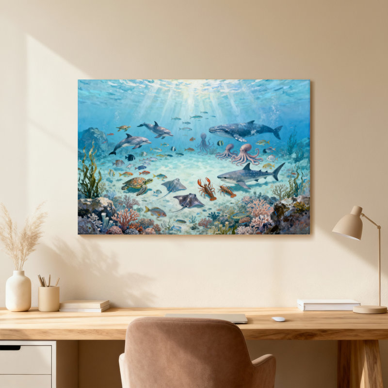 Scène de vie sous-marine avec des animaux marins, H 24 po x l 36 po, Toile tendue, Ne s’applique pas