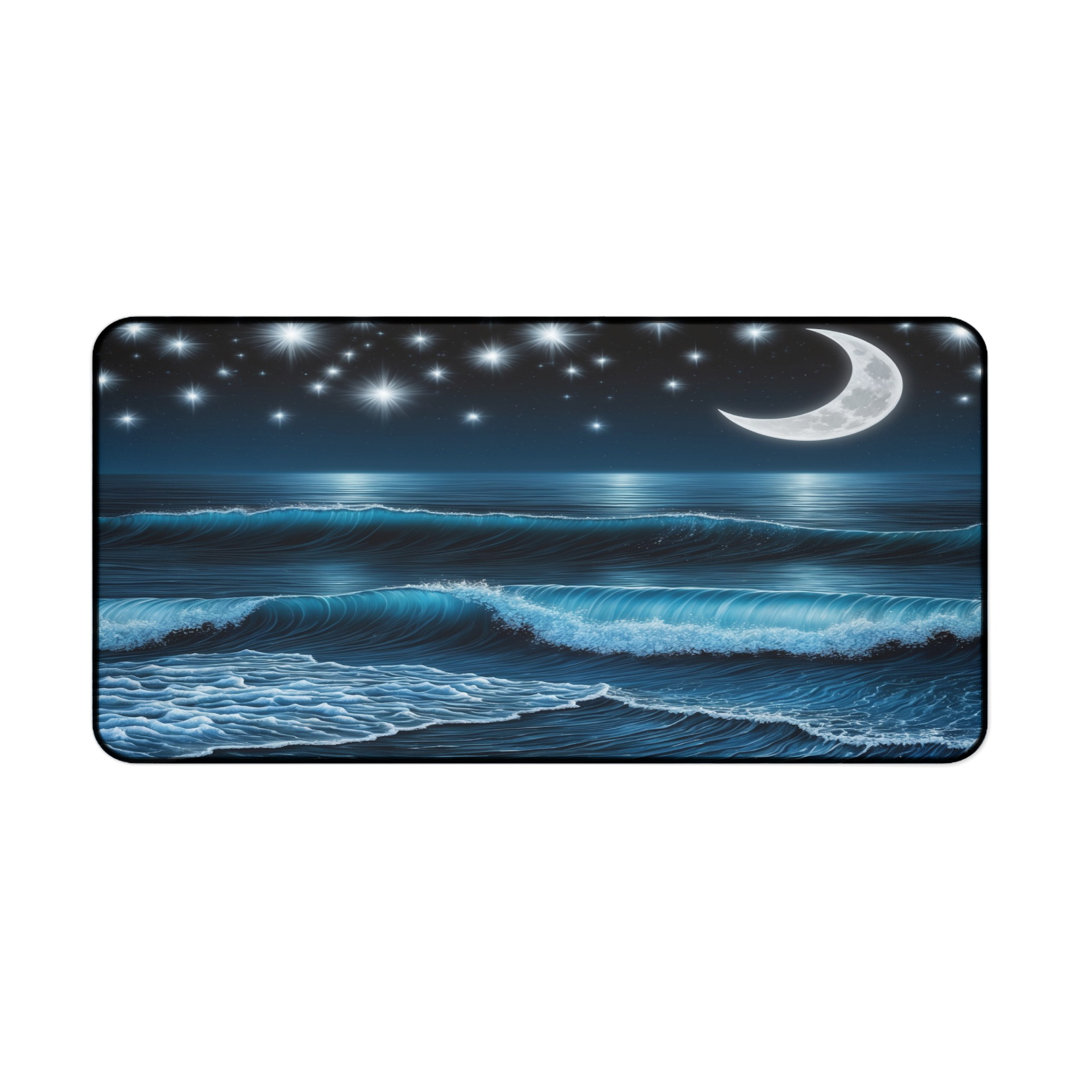 Moonlit Ocean Waves Desk Mat, Starry Night Sky, Celestial Crescent Moon, Dark Blue Aesthetic, Mystical Sea, Ocean Lover Gift, Desk Decor