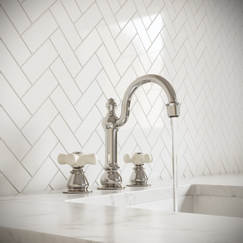 Widespread 2-handle Bathroom Faucet with Drain Assembly, Polished Nickel, Porcelain Cross