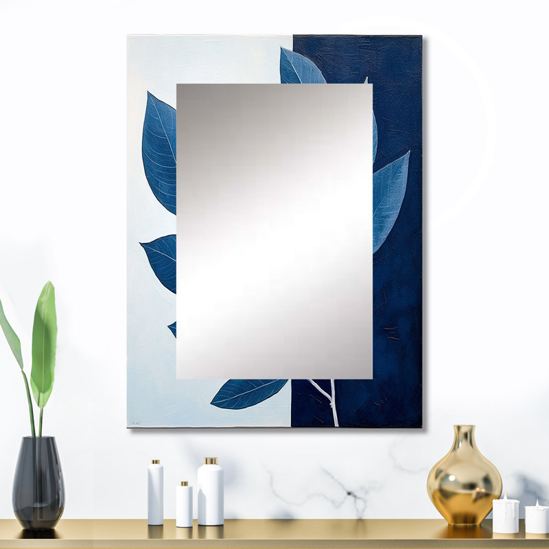 «Blue Indigo Leaves Harmony I», miroir mural décoratif traditionnel, art imprimé en métal, 32 po x 24 po
