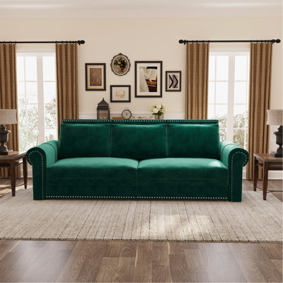 Canapé Chesterfield, canapé-lit gigogne de 93,7 po, canapé-lit convertible en velours 3 en 1 avec garniture cloutée et accoudoirs roulés, canapé-lit multifonctionnel pour salon, chambre à coucher, vert