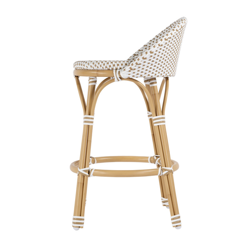 Tobias Outdoor Rattan and Metal Low Back Counter stool, White/Beige