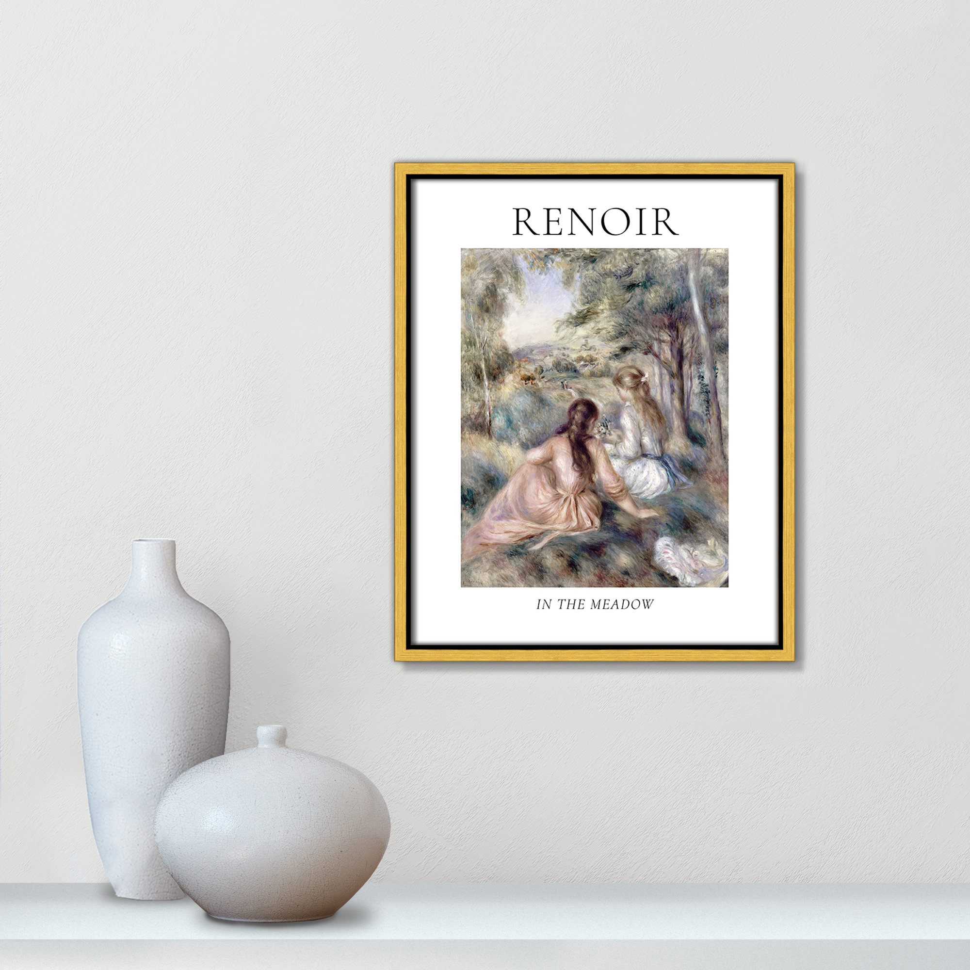Old Masters Collection " In The Meadow " by Auguste Renoir, Gold Floater Frame, No, 15.5" H x 12.5" W x 2" D