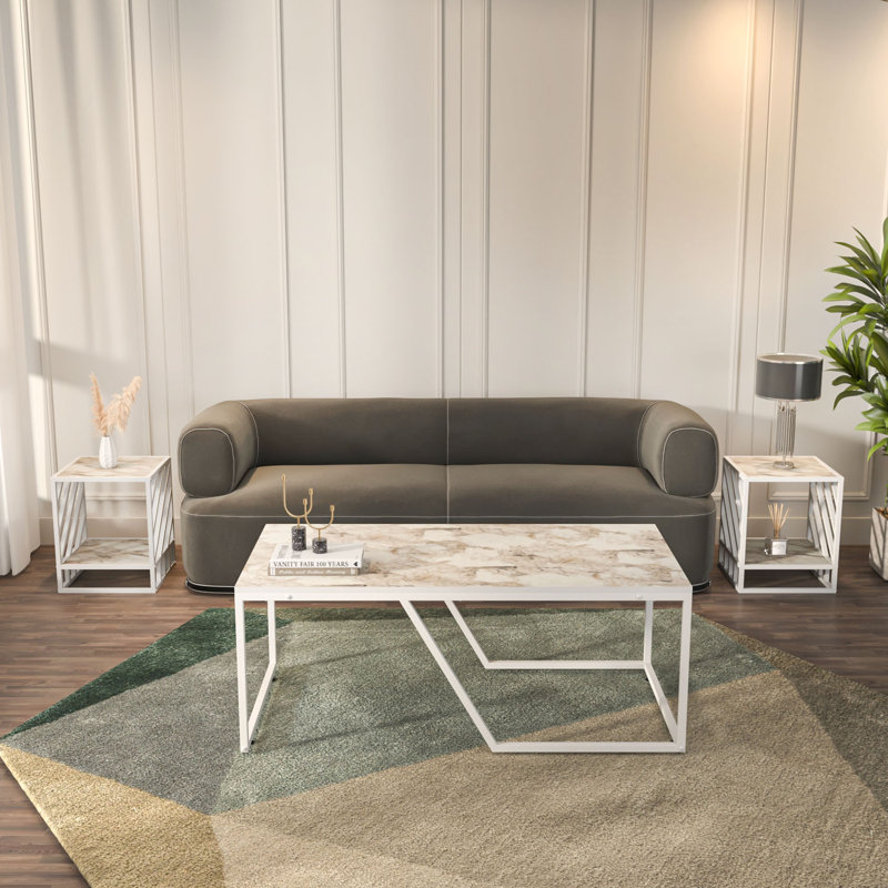 Ensemble de table basse et d'appoint 3 pièces Wendy & Norm, Motif de marbre blanc / blanc