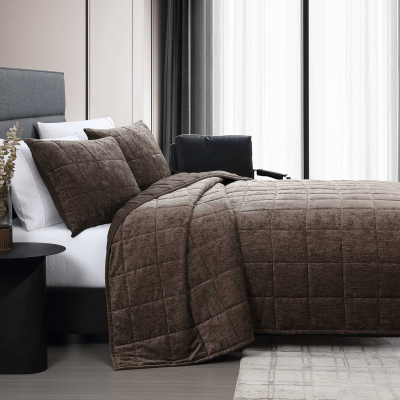 Vera Wang Chenille Box Solid Reversible Quilt Set, King Quilt + 2 King Pillowcases, Chocolate Brown