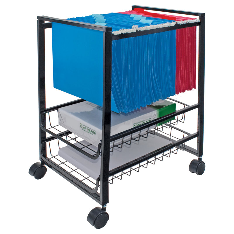 Compact Black Steel Mobile File Cart with Dual-Wheel Casters