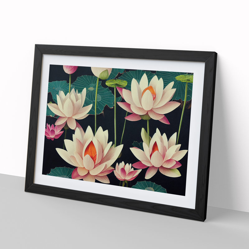 Dashing Lotus Flowers - Single Picture Frame Print, 46cm H x 64cm W x 2cm D, Black