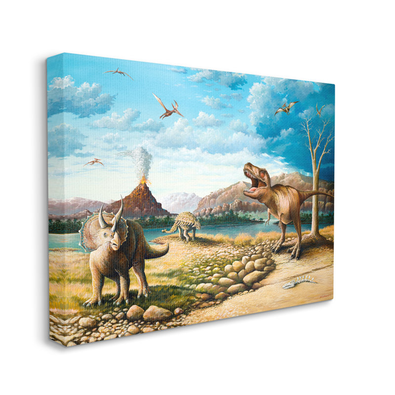 Paysage de dinosaures anciens par Bruce Nawrocke - Peinture, H 16 po x l 20 po x P 1,5 po, Toile tendue
