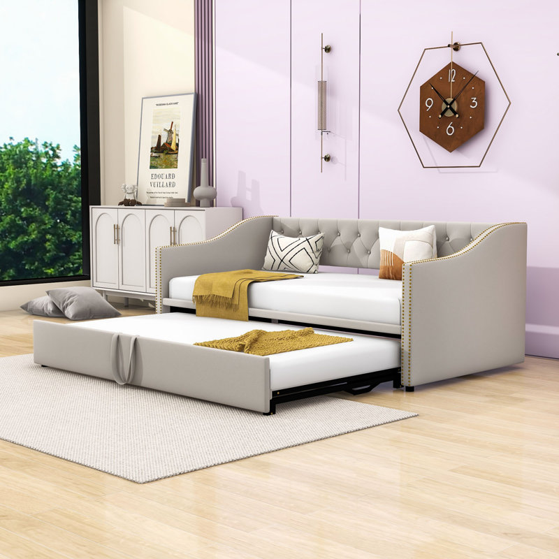 Twin Velvet Upholstered Daybed with Pop Up Trundle, Featuring Soft Backrest, Gray