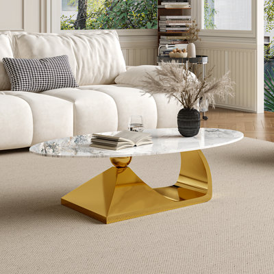 Table basse ovale de luxe L 51,2 po avec plateau en ardoise, grande table centrale en métal doré pour le salon