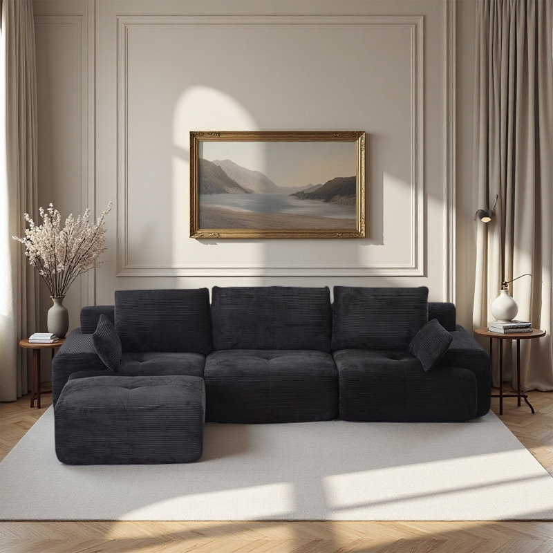 Canapé noir moderne en mousse à mémoire de forme compressée, grands canapés modulaires pour le salon, canapé modulaire Cloud pour animaux de compagnie, tissu en velours côtelé, causeuse très profonde, sans assemblage avec coussins