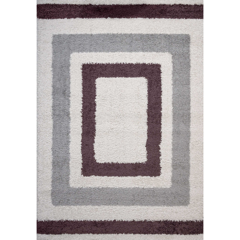 Moodi Modern Shaggy Area Rug Geometric Border Design, Rectangle 200 x 290 cm, Off-White Grey/Purple