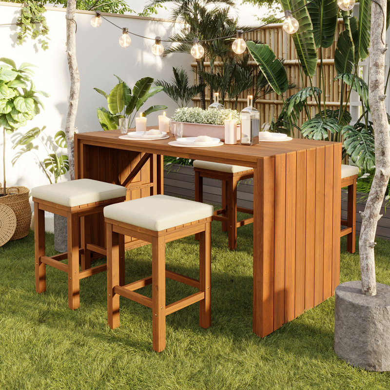 5 Piece Outdoor Bar Set, Acacia Wood Bar Table And Chairs Set With Beige Cushions, Rectangular Patio Dining Set With 4 Stools For Patio, Backyard, Garden, Natural