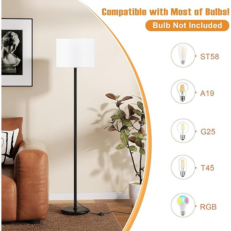 Lampe sur pied moderne de conception simple avec abat-jour blanc, interrupteur à pédale, petites lampes hautes de 60 po pour le salon, la chambre, le bureau, la salle à manger, la cuisine, la lampe noire (sans ampoule)