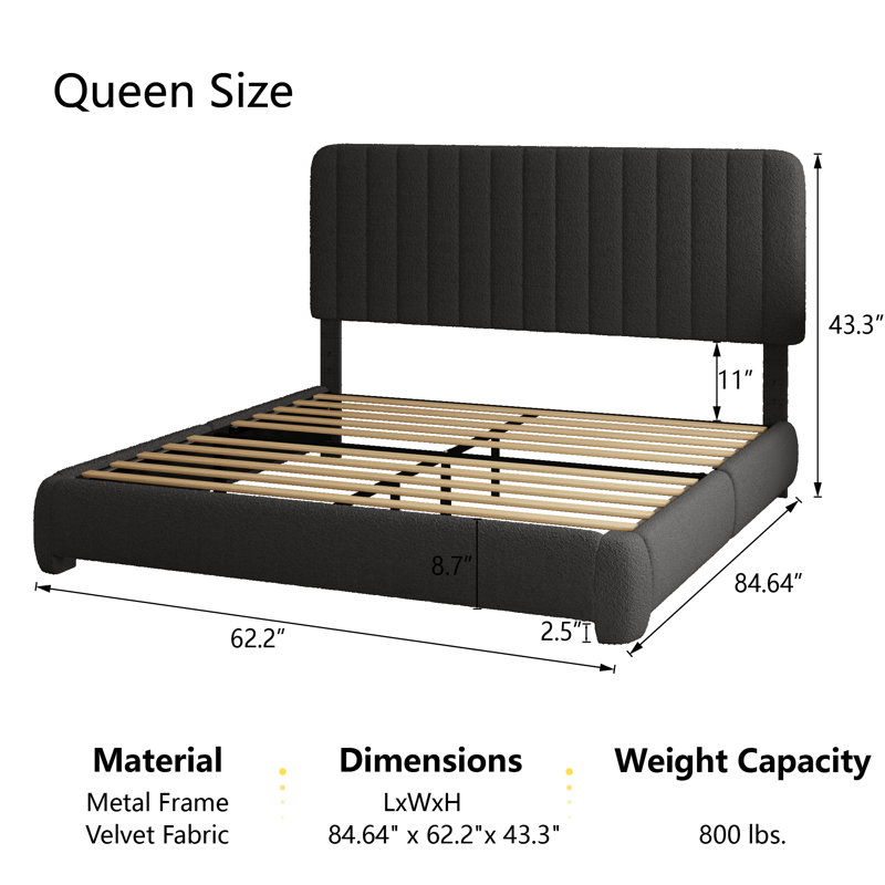 Haden Upholstered Platform Bed Frame with Adjustable Headboard, Black, Queen