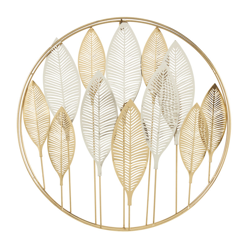 Metal Metallic Leaf Gold Wall Decor with Circular Frame and Silver Accents