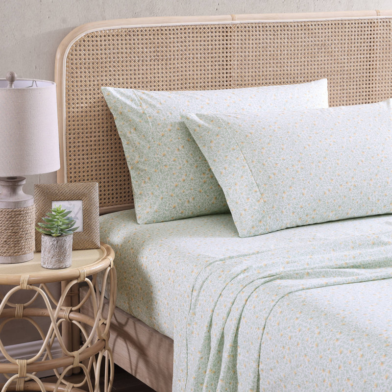 Tommy Bahama Printed Percale Cotton Sheet Set, Queen Sheet Set with 2 Pillowcases, Green Crane Flower
