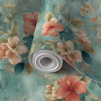 Peel and Stick Wallpaper Contact Paper Luxury Resort Botanical Palm Leaves Coral Blossoms Self Adhesive and Removable 24in x 118in(60x300cm)