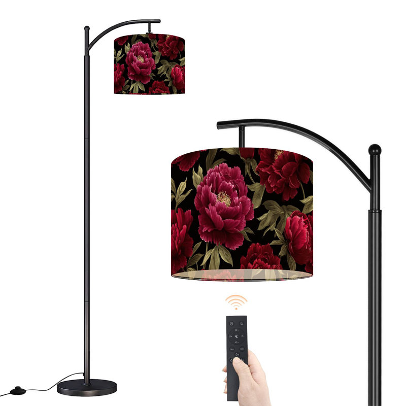 Lampe sur pied à arc avec abat-jour réglable pivoines rouges et mauves foncé Lampe sur pied à 3 températures de couleur à intensité variable avec interrupteur au pied pour la chambre à coucher