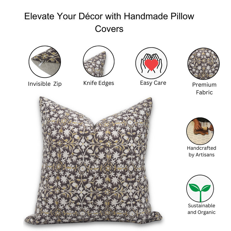 Linen Pillow Cover, 14" x 36", White/Brown Floral 3, Rectangular