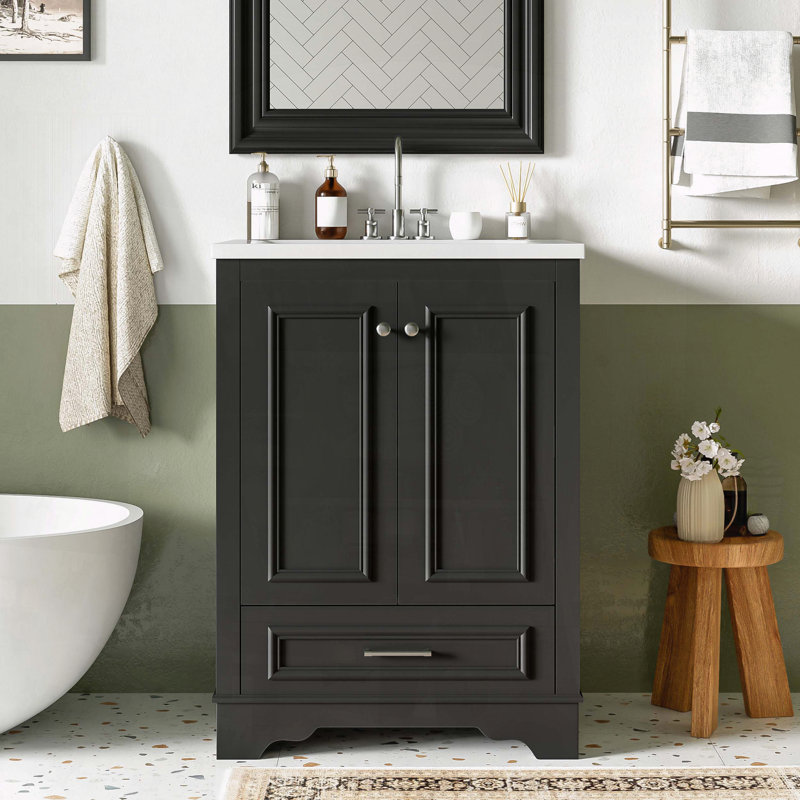 Ensemble de meuble-lavabo autoportant 24 po avec lavabo en céramique et tablette réglable 24 po, Noir