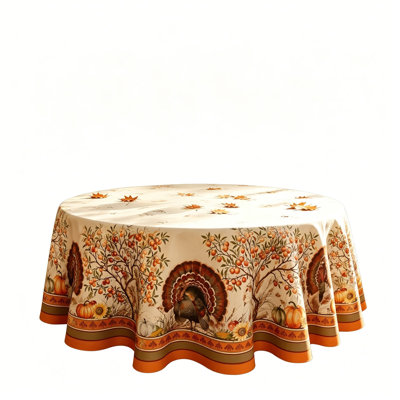 Thanksgiving Turkey Round Tablecloth Fall   Table Cover With Pumpkins  Leaves And Turkey Print  Stain  Table Cloth For Thanksgiving  Din