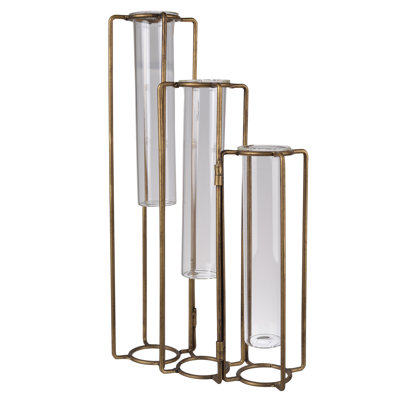 15” Gold Metal Accent Vase with Three Glass Beakers, Transitional Floral Display Stand for Tabletop, Console, Sideboard, or Centerpiece