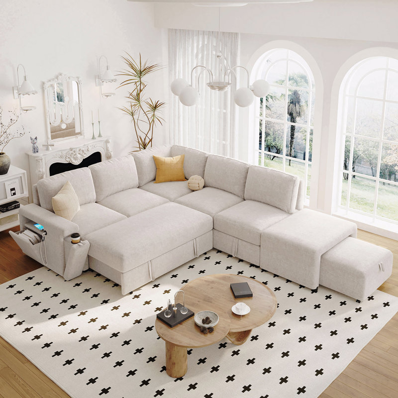 U_STYLE Canapé modulaire rembourré en L avec espace de rangement, Polyester beige