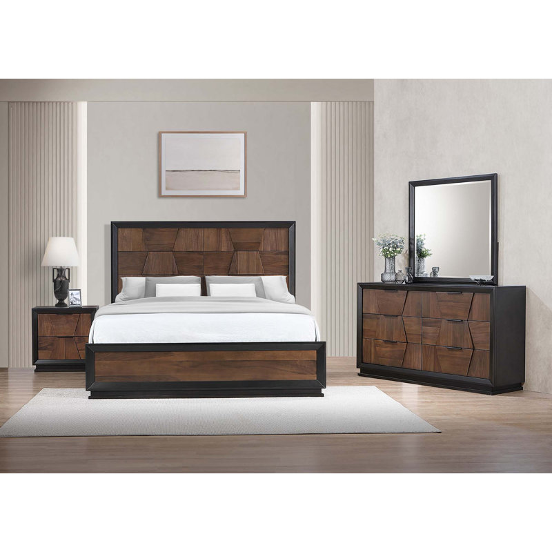 Ensemble de chambre à coucher de style traditionnel, 4 pièces : Lit, une table de chevet, commode, mir, Grand
