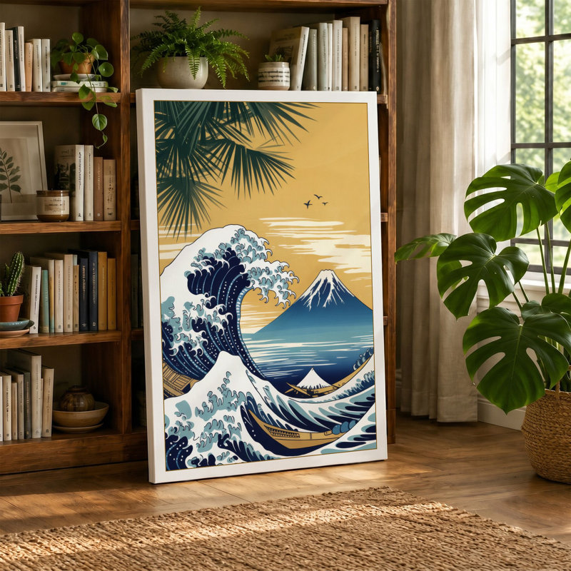 Wave and Mount Fuji Japandi 1 Piece Wrapped Canvas Wall Art, 30x20 - 76.2 x 50.8 cm, Terracotta Border