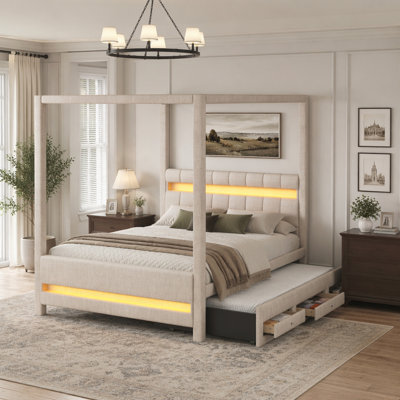 Upholstered Canopy Bed with Trundle, Drawers, and LED Lighting