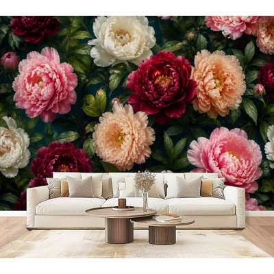 Murale vibrante pivoines colorées, pétales colorés, feuilles vertes, papier peint auto-adhésif mural pour salon de chambre à coucher, L 69 po x l 96 po
