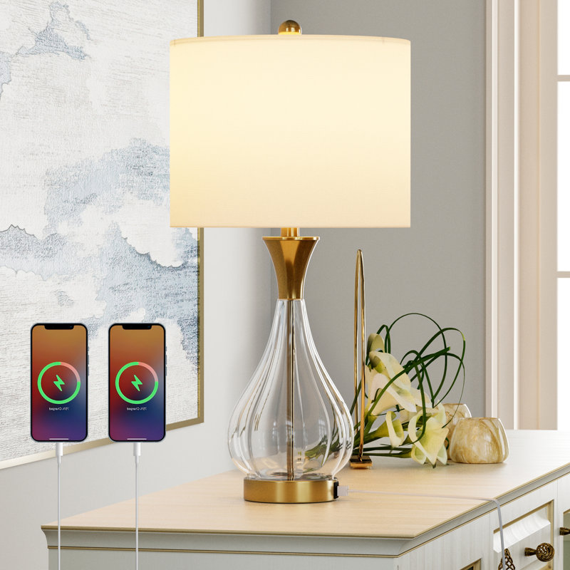 26" Glass And Metal Modern Table Lamp With USB Ports (Brass) - MCM Funky Modern Accent Table Lamps For Bedroom Bedside/Nightstand, Living Room & Desk