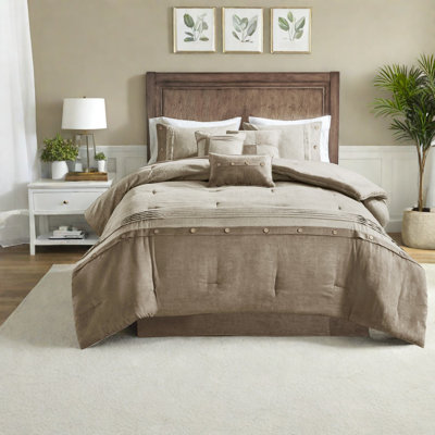 Premium 7-piece Faux Suede Bedding Set, King Size, Rustic Tan Lodge Style