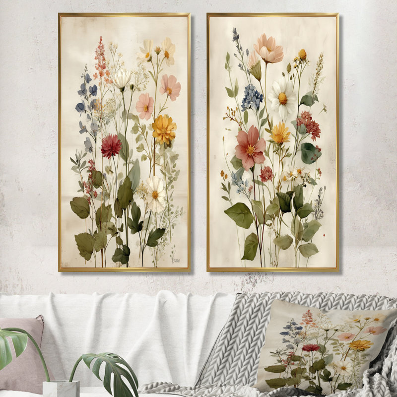 Art mural sur toile 2 fleurs rétro, H 40 po x l 40 po, Cadre flottant doré