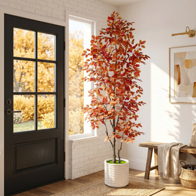Chêne artificiel d'automne de 7 pi avec pot de fleurs tissé blanc, grand arbre artificiel pour le salon, la chambre à coucher et le vestibule