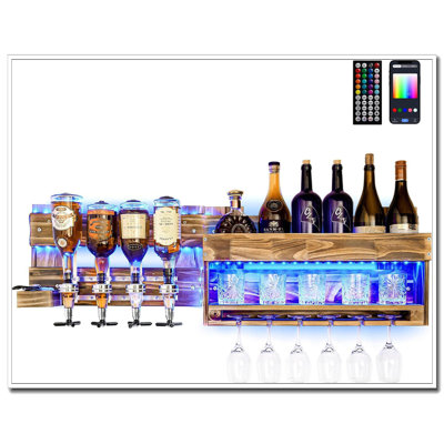 Wall Mounted Wine Rack With LED Light - Rustic Wood Shelf, 4-Bottle Liquor Dispenser & Stemware Holder For Home Bar Kitchen