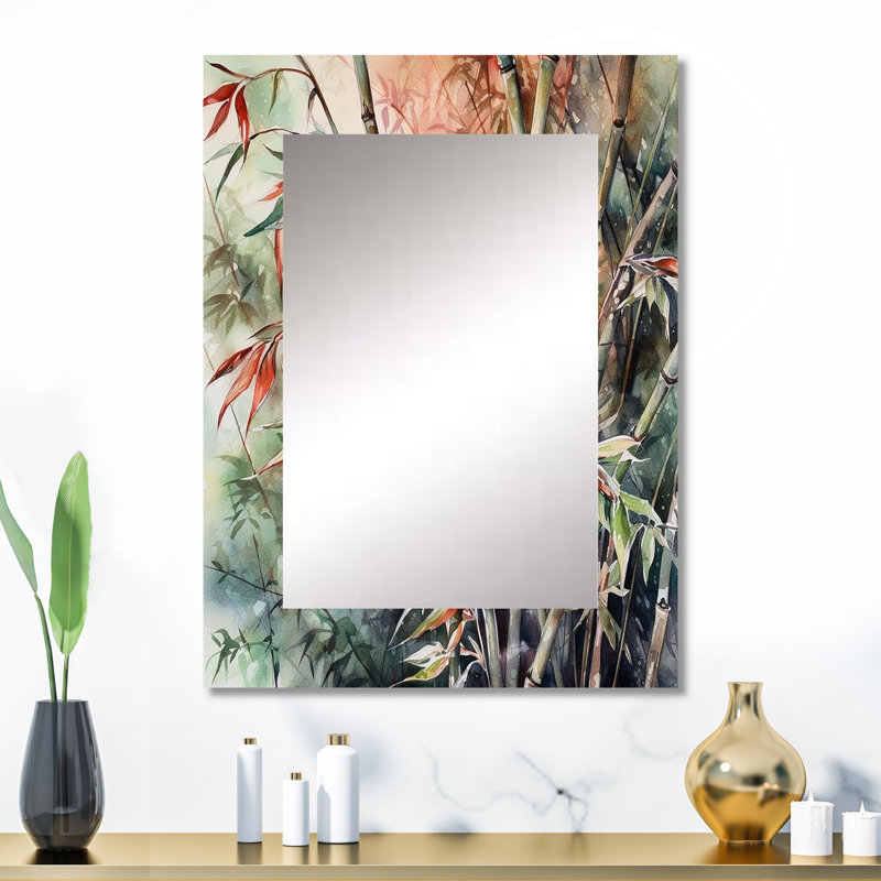 Green Floral Bamboo Bliss VI - Floral Large Mirror, Traditional Unique Wall Mirror Decor, Printed Metal Art, 32" x 24"