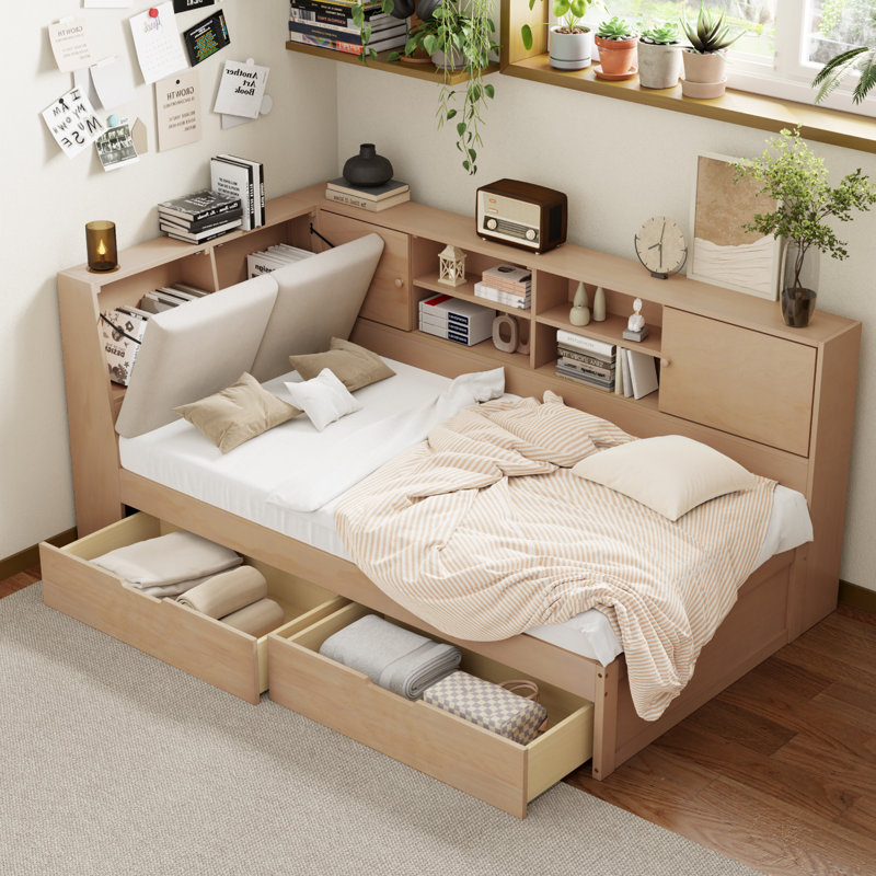 Storage Corner Daybed With Outlets And Upholstered Headboard, Natural, Twin