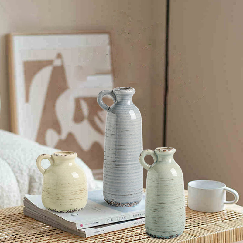 Ensemble de 3 vases en céramique, Bleu, vert et beige