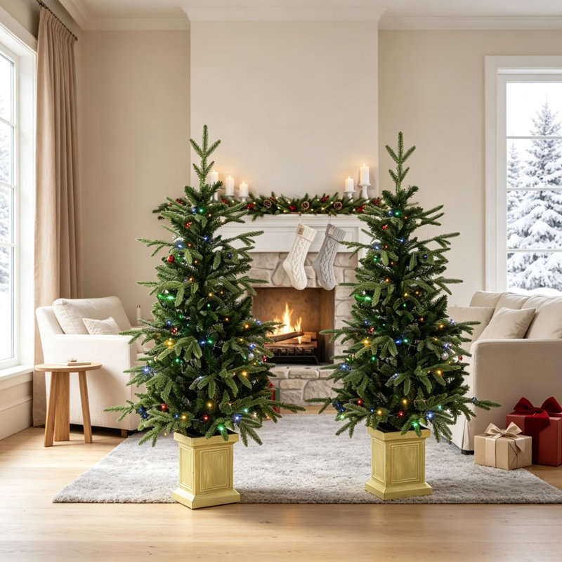 Ensemble de 2 sapins de Noël artificiels en pot pré-éclairés de 4 pi avec 110 lumières DEL bicolores chacune, 11 modes, télécommande