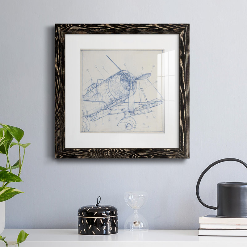 Croquis mécanique d'avion I-Premium, reproduction encadrée - prêt à être accroché, H 35,5 po x l 35,5 po x P 1,5 po, Blanc