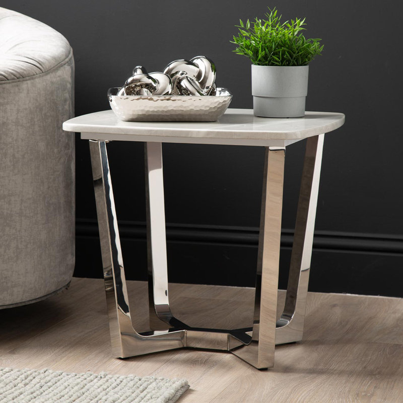 Azarius 55cm Metal End Table for Living Room Furniture, Modern Sofa Side Table with Marble Top, Grey/Chrome