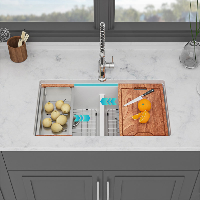 Évier de cuisine en quartz - Évier de cuisine encastré en granite blanc 33 po x 19 po x 9,65 po à double cuve (50/50)