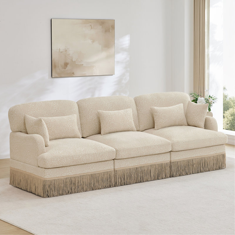 Canapé 3 places confortable en chenille à imprimé léopard, bord à pampille délicat, canapé modulaire à la mode moderne, dossier et siège ergonomiques, assemblage facile, siège profond pour le salon