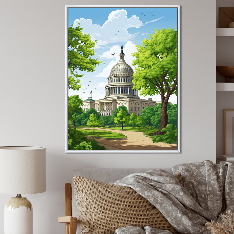 «White House In Spring Washington», reproduction sur toile, Cadre flottant blanc, 32" H x 16" W
