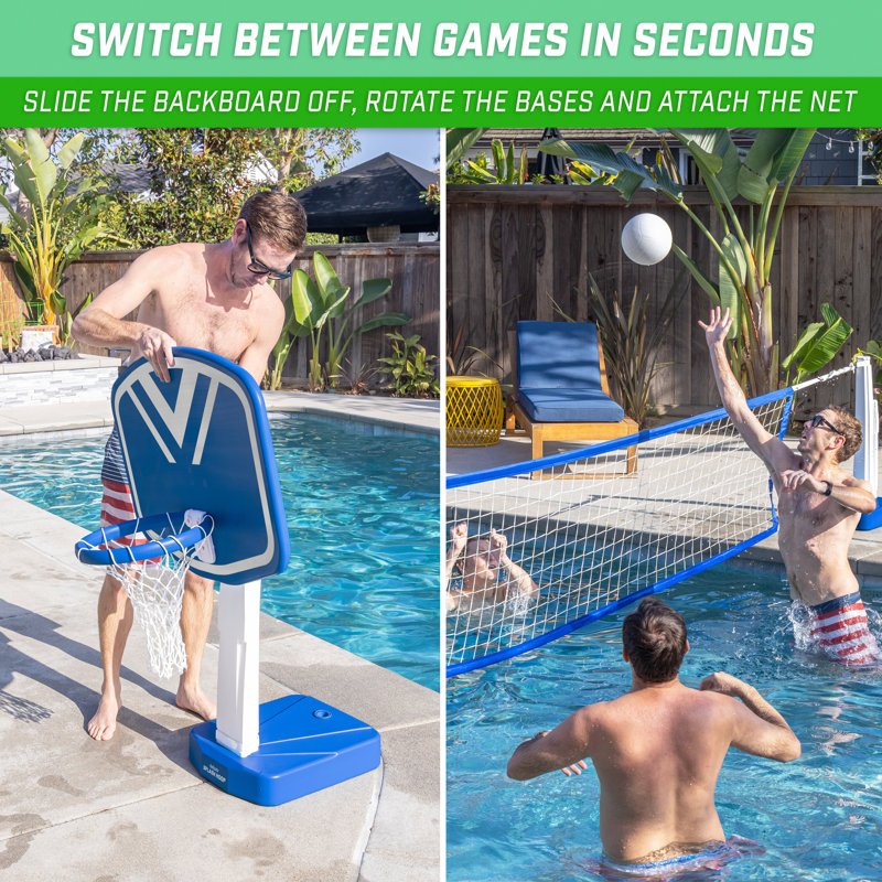 Blue and White 2-in-1 Pool Basketball Hoop & Volleyball Net Set