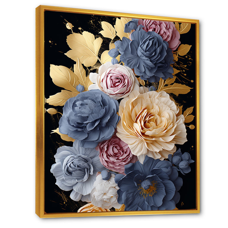 Or doré et rose bleue I - Rose, art mural, Cadre flottant doré, H 32 po x l 24 po