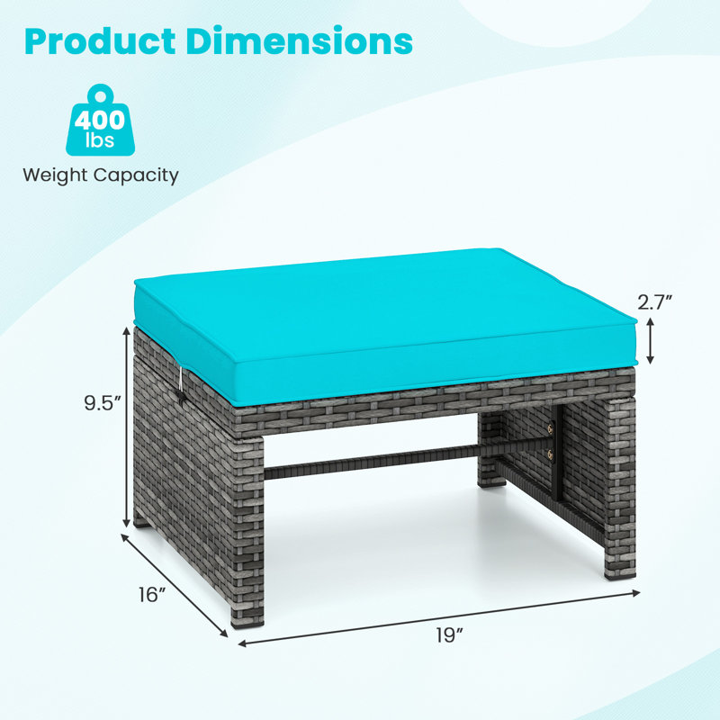 Repose-pieds 2 pièces en rotin PE avec coussins à fermeture à glissière pour terrasse Turquoise, Turquoise