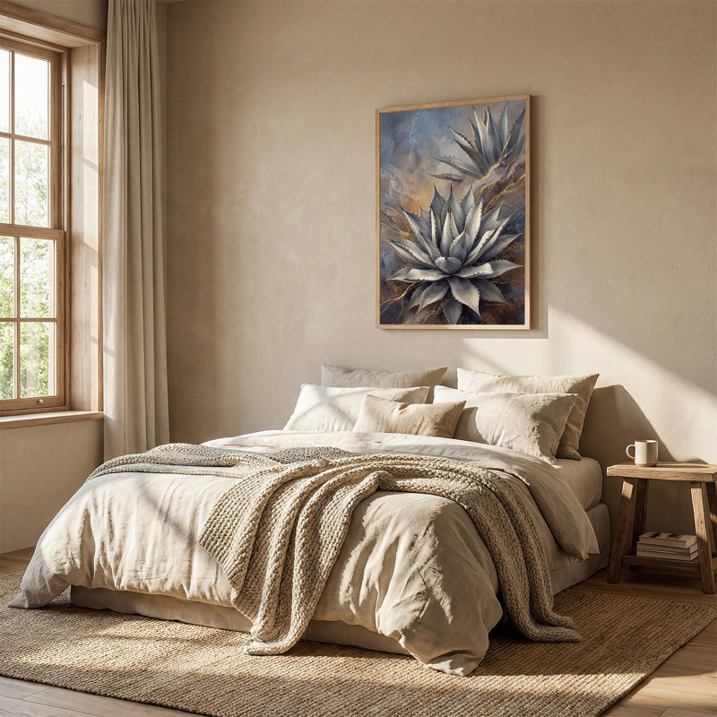 Tableau sur toile représentant une plante d'agave argentée avec des accents dorés et une texture de pierre, H 48 po x l 36 po